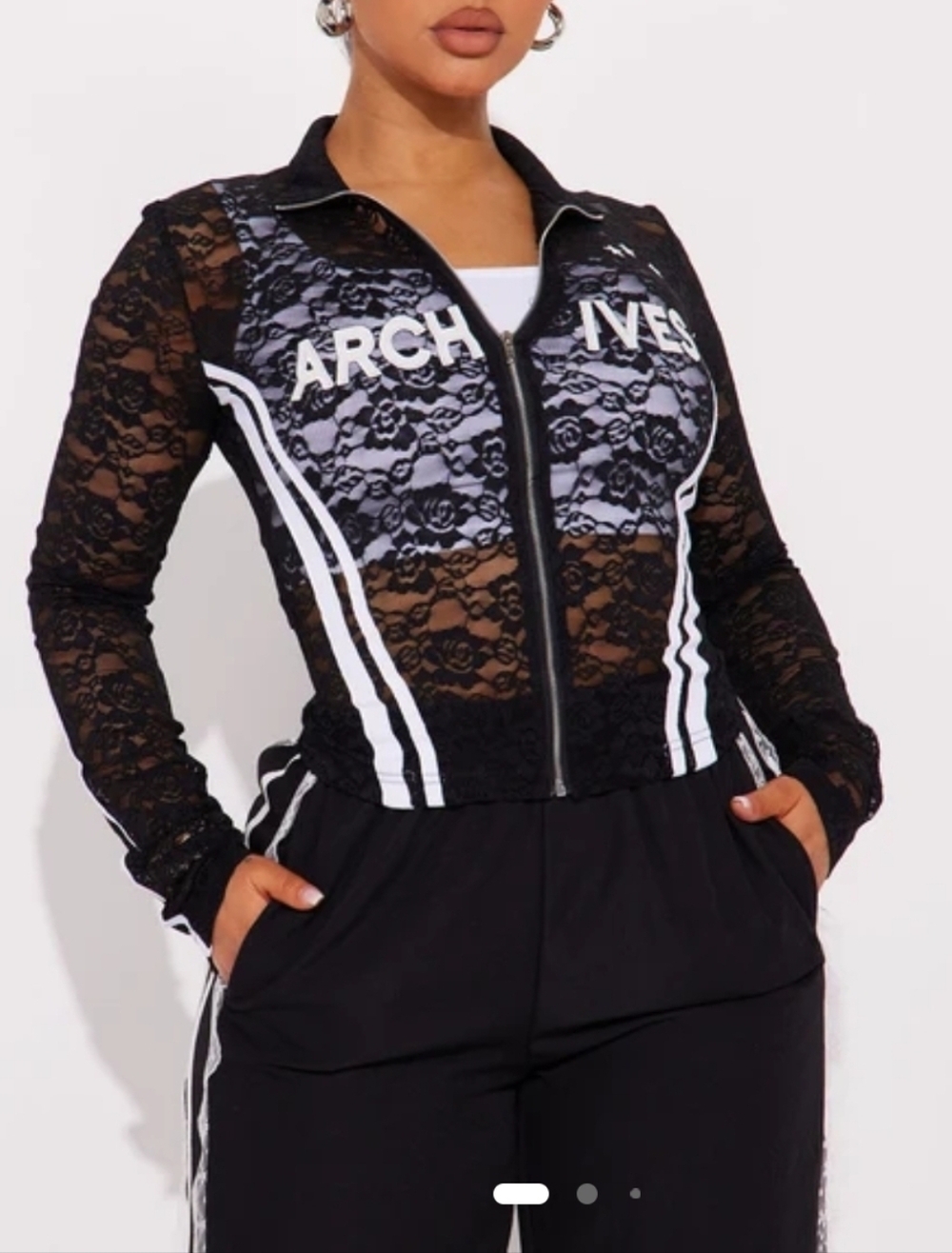 Fashion Nova Black Lace Zip-Up Track Jacket with White Stripes